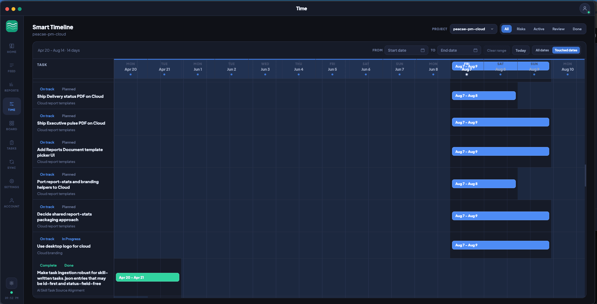 Cloud Smart Timeline with active task bars