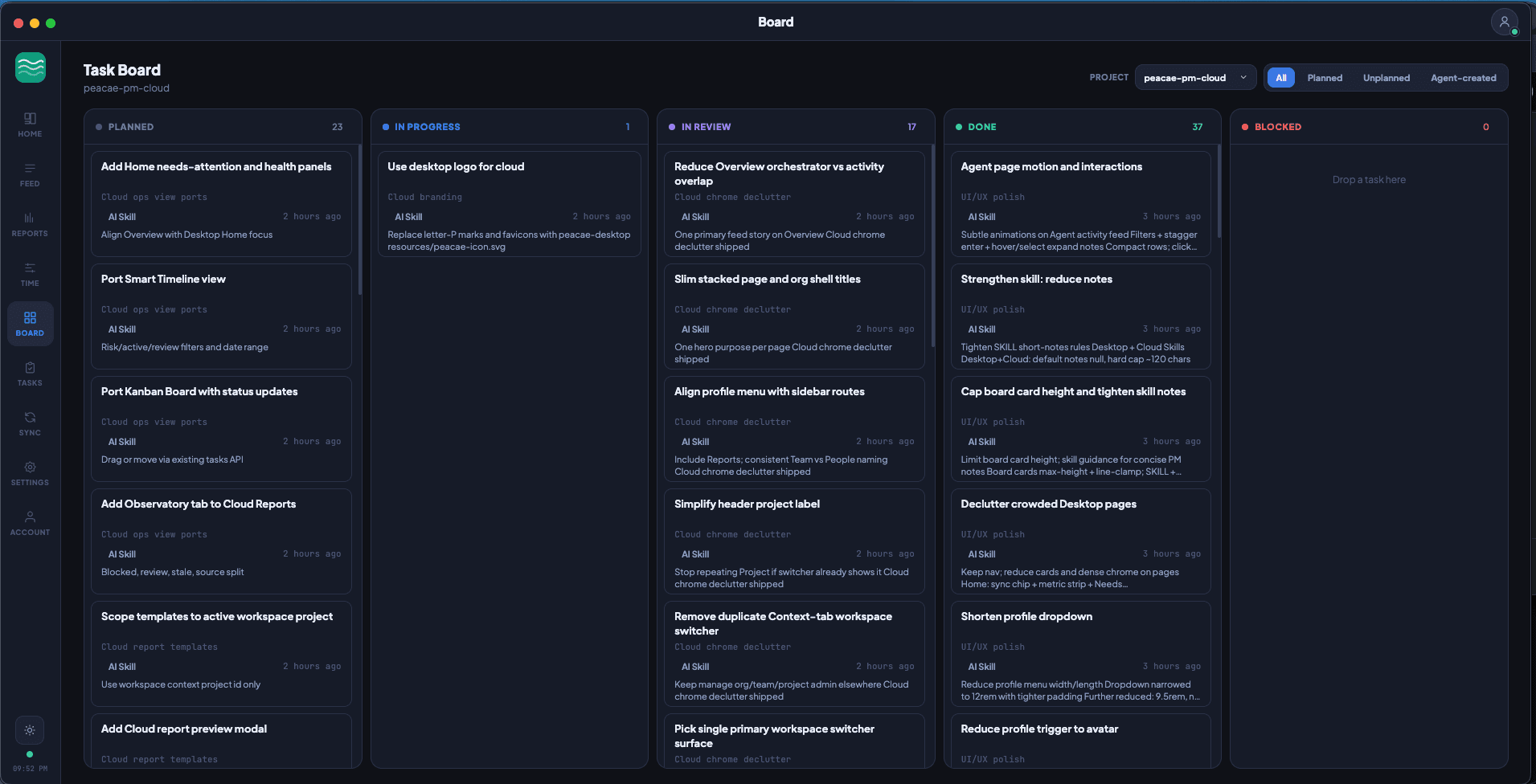 Peacae PM Cloud task board